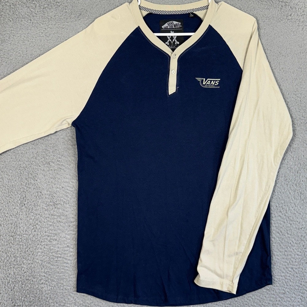 Vans Off The Wall Shirt Mens Large Navy Tan Henley Colorblock Casual Long Sleeve